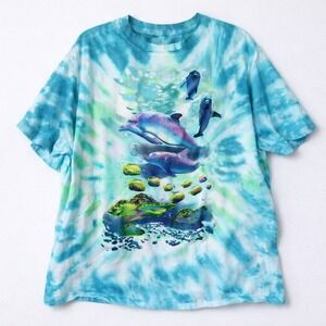 Ocean Life Graphic T-Shirt XL Tie-Dye Dolphins Turtles Y2K Vibes Mighty Fine
